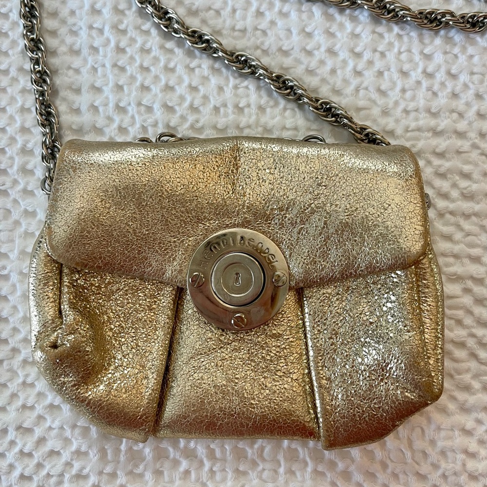 Henri Bendel Gold Champagne Crackle Leather Evening Bag
